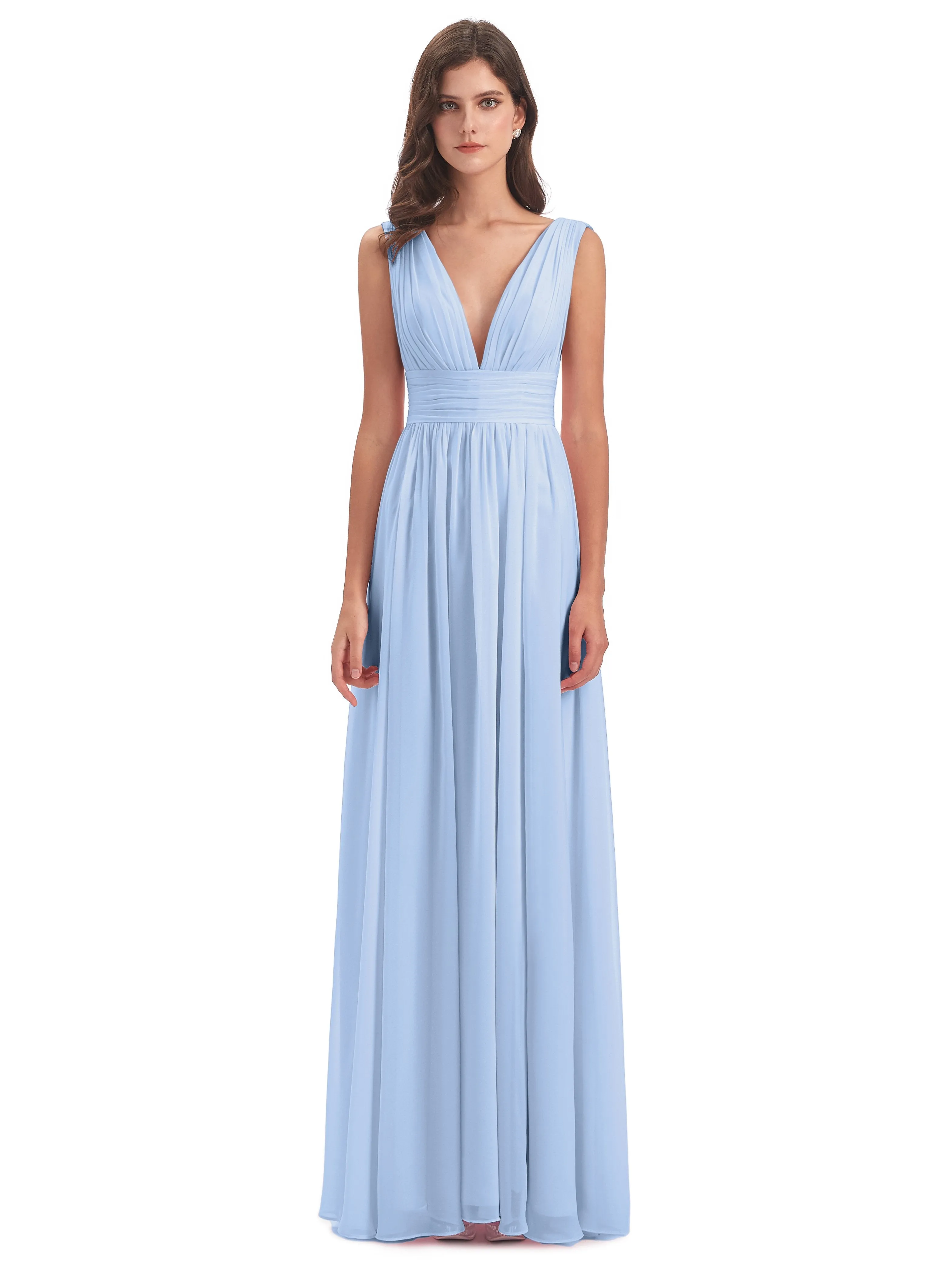 Wedding Sky Blue Bridesmaid Dresses Charming Chiffon V Neck Split Long Bridesmaid Dresses