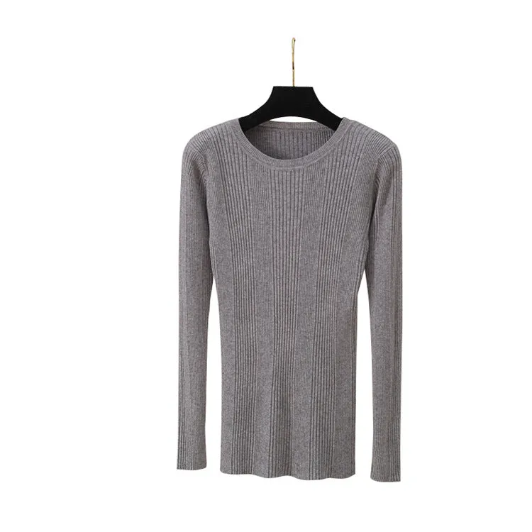 Women Long Sleeved Korean Slimming Round-Neck Knitted Sweater