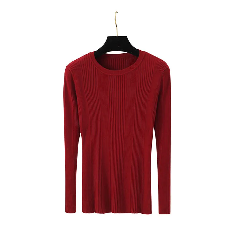 Women Long Sleeved Korean Slimming Round-Neck Knitted Sweater