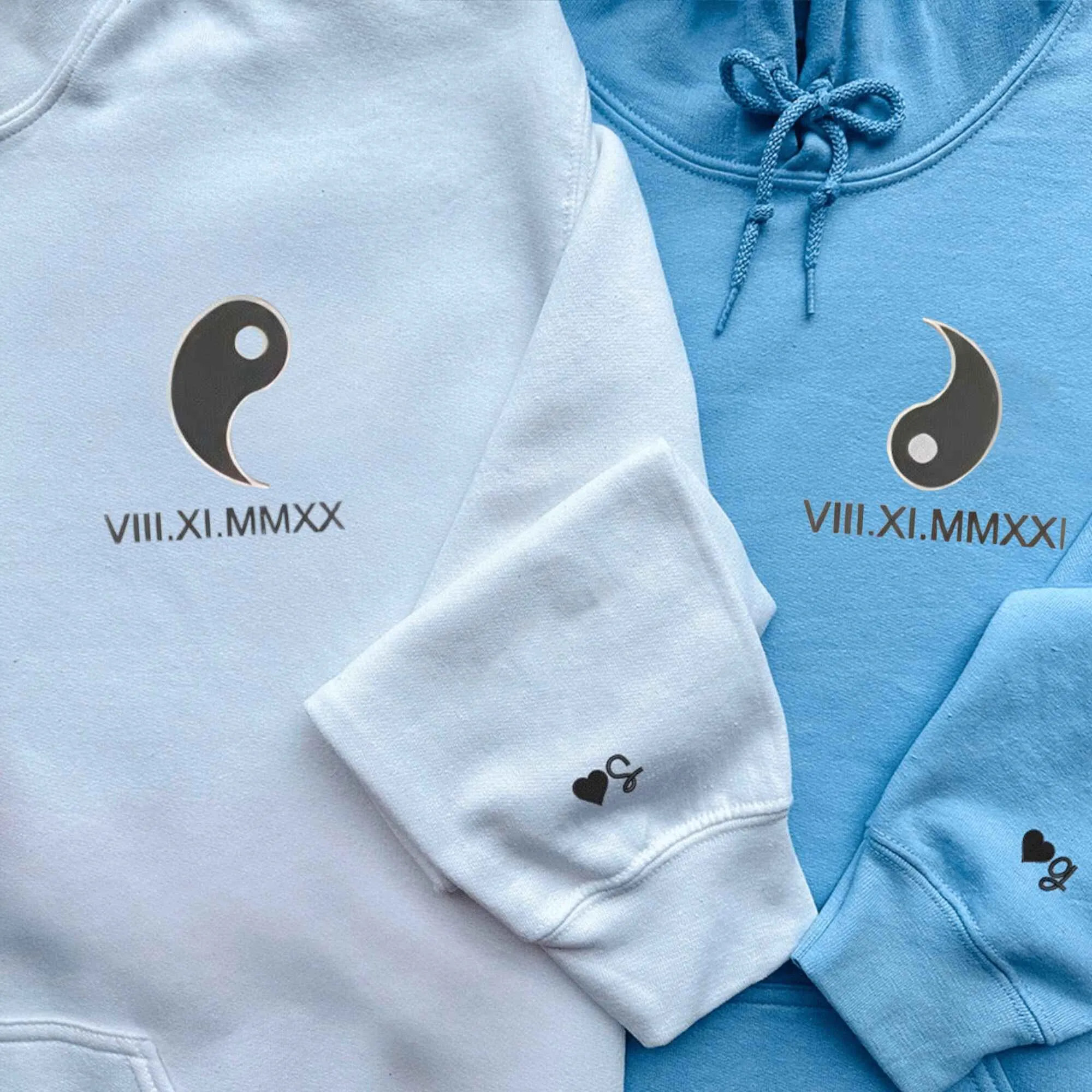 Yin & Yang Roman Numeral Date Custom Embroidered Hoodies | Custom Matching Couple Hoodies