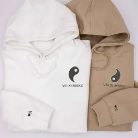 Yin & Yang Roman Numeral Date Custom Embroidered Hoodies | Custom Matching Couple Hoodies